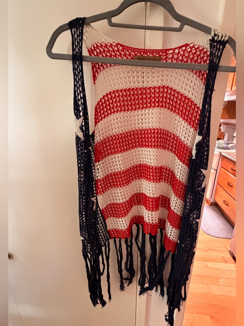 The Classic Red & White Striped patriotic Crochet Fringe kimono cardigan wrap